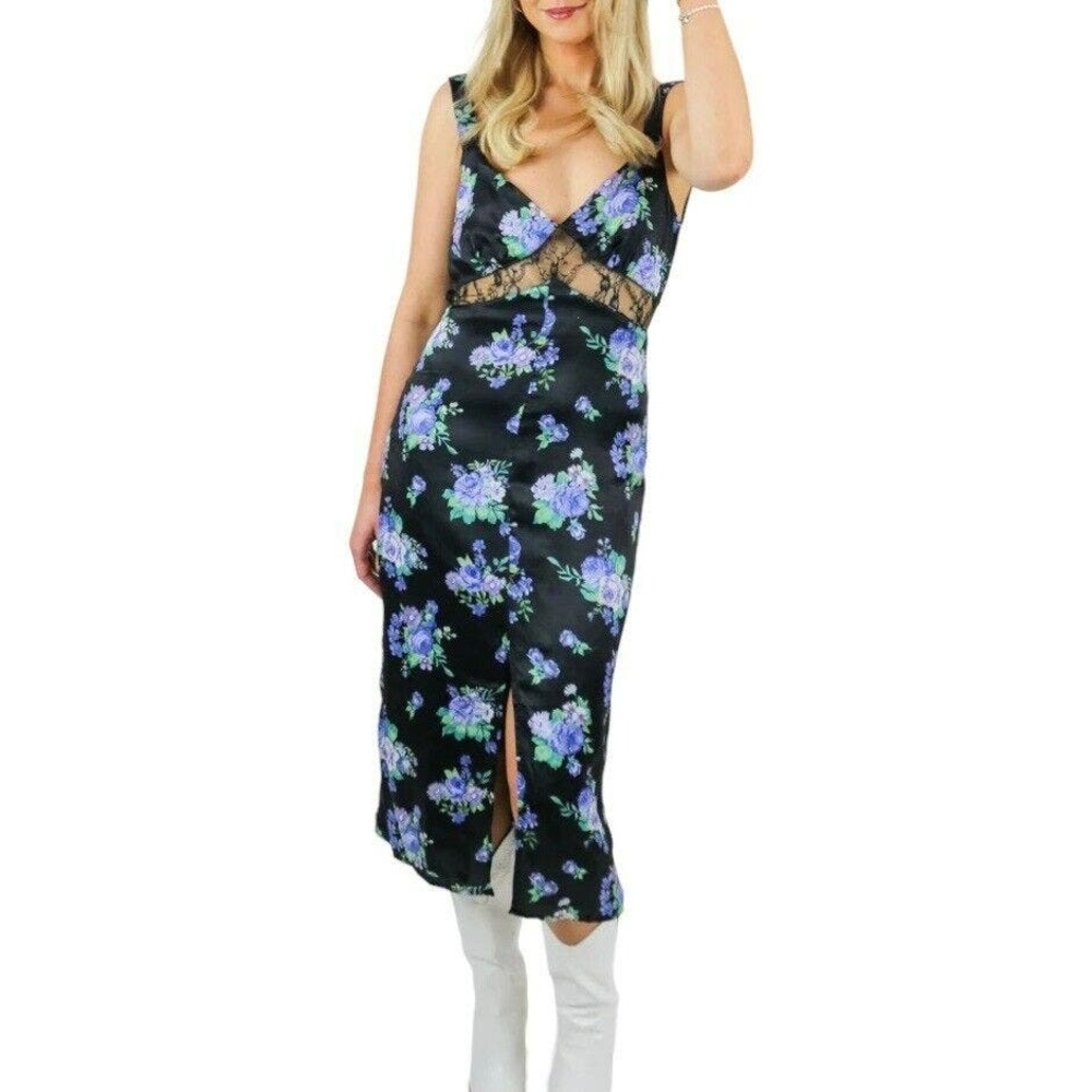 WeWoreWhat Womens Small Dolls Kill Satin Floral Slip Dress Back Zip Black Lace
